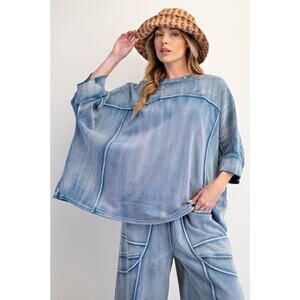 "Sabrina" Boxy Oversized Knit Top in Washed Denim Blue